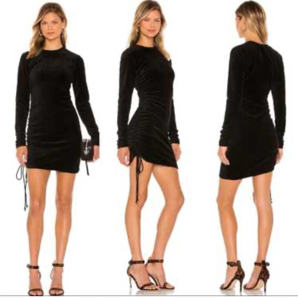 NWT Pam &Gela Black Long Sleeve crushed velvet Dress with Side Tie size M